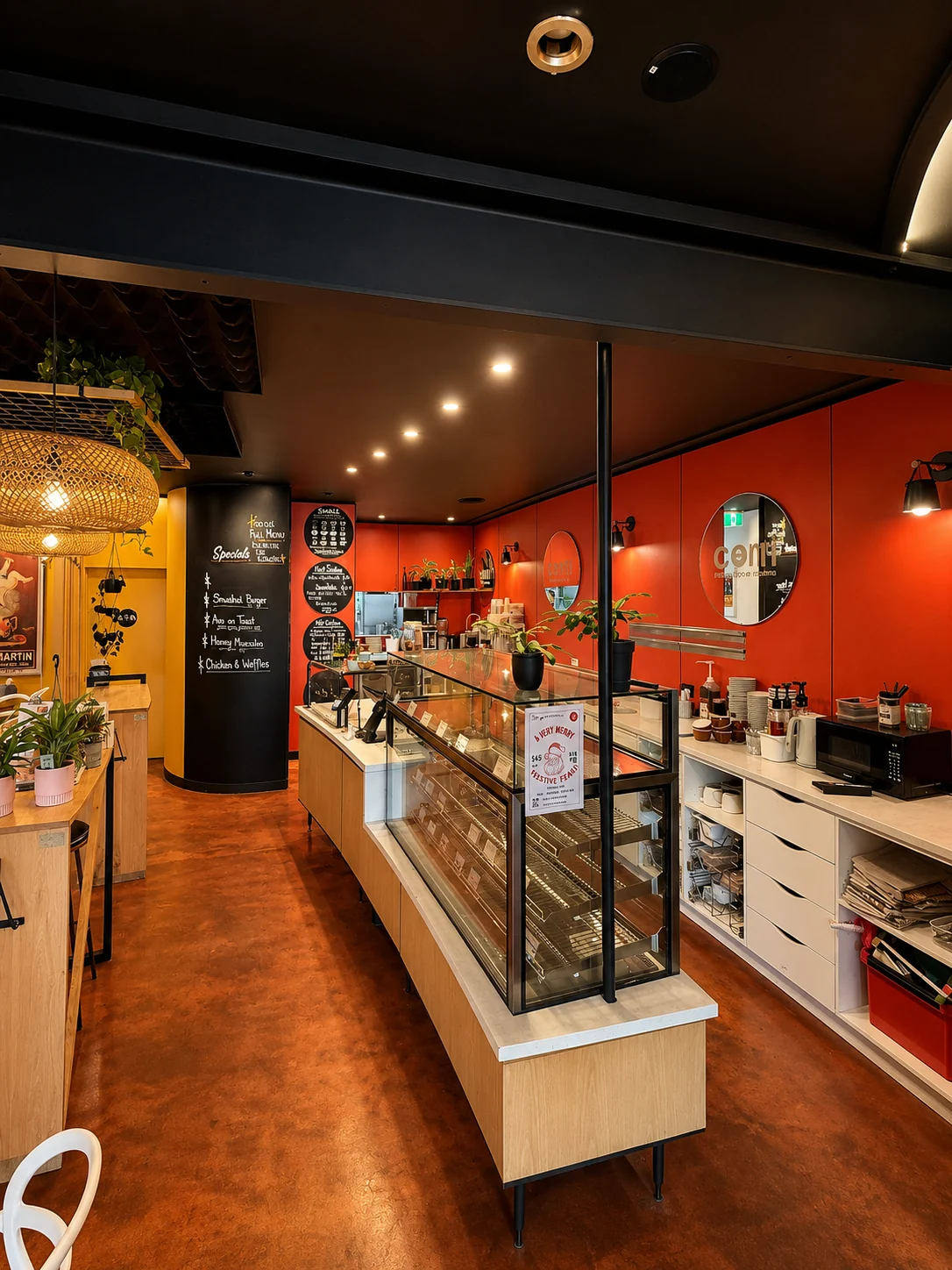 Dot Com Cafe counter and red-walled service area